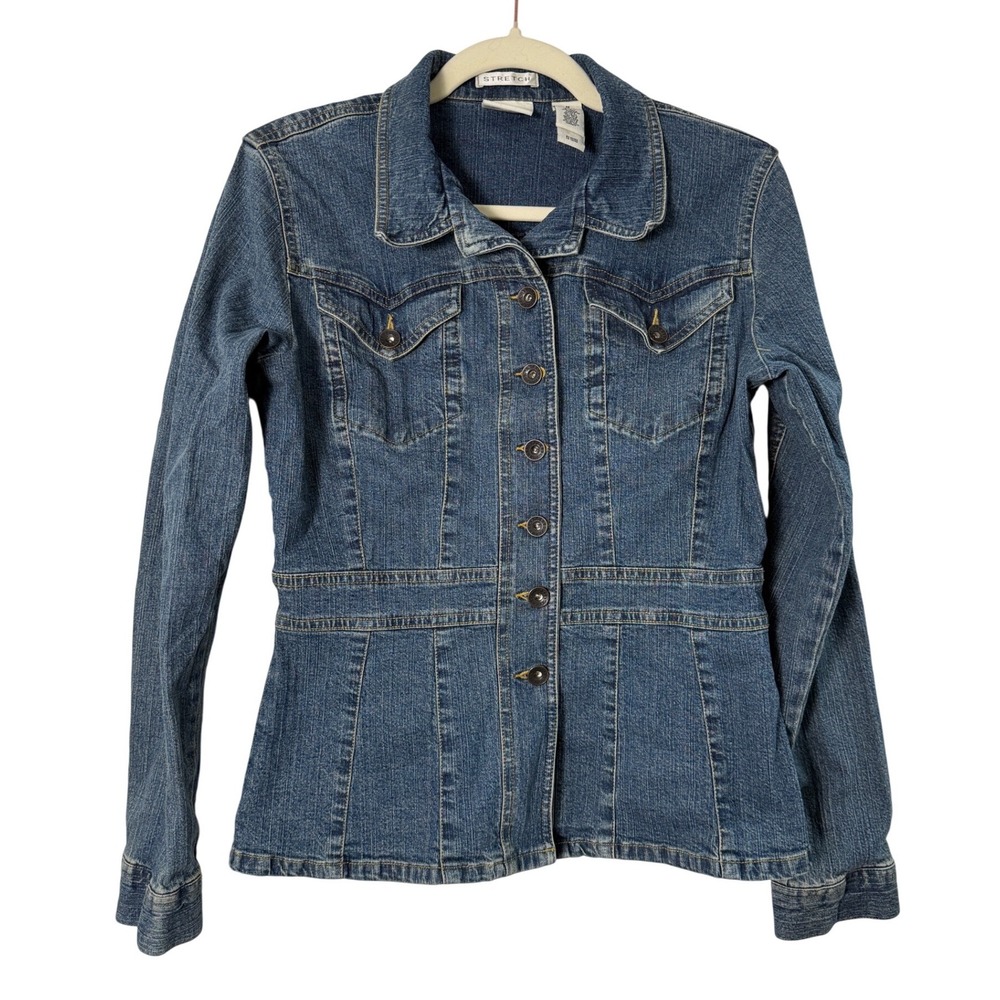 Axcess Liz Claiborne Denim Jacket Women M Blue Excellent Stretch Tailored Y2K
